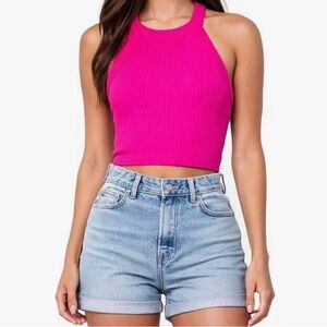 Aerie Women's Pink Ribbed Halter crop racerback Top size small hot pink